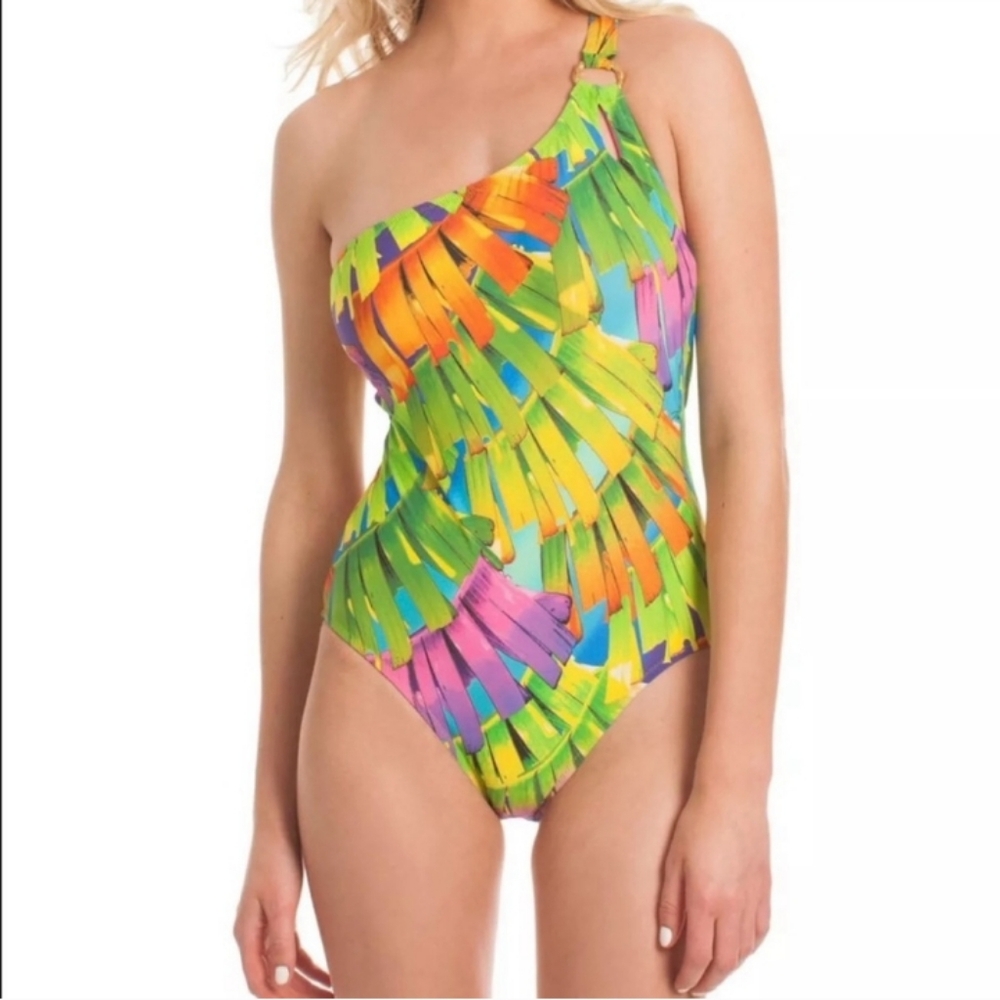 Trina Turk Swim Suit Bathing One Piece Polynesian Palms Yellow Pink Green 10